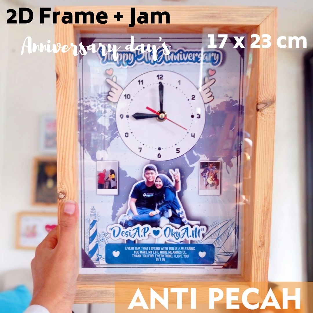 Kado Anniversary Jam Frame Kayu 2D Bisa Custom