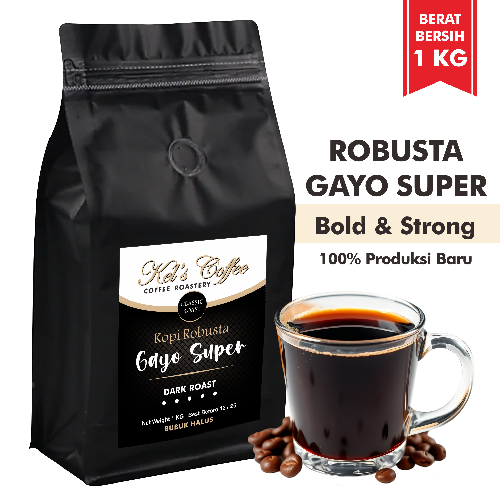 Kelscoffee Gayo Robusta Coffee 1 kg Super - Fresh Roast, Bitter & Rich, No Mixtures, Suitable for Grin…
