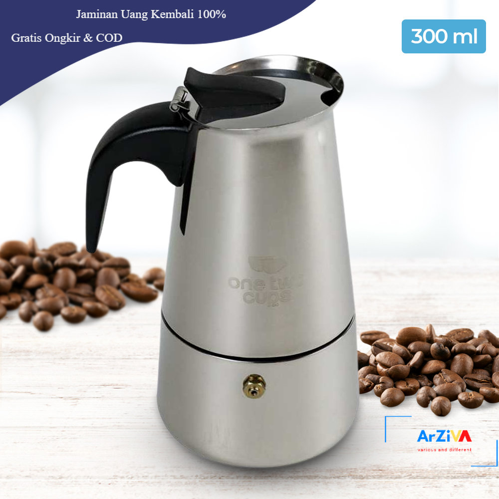 One Two Cups Espresso Coffee Maker Moka Pot Teko 300ml 6 Cup - Z20 - Silver