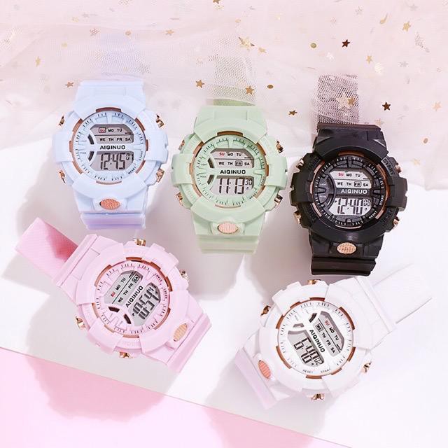	 Axnat Jam Tangan Pria Wanita Digital Rubber Sport Bulat Led Motif Bunga Dan Polos Couple Anak Remaja 	
