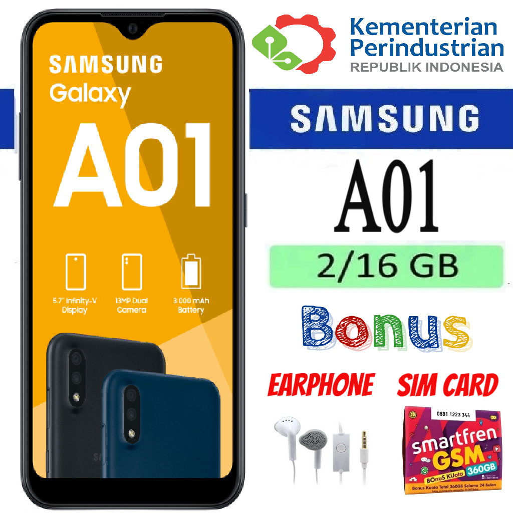 Samsung Galaxy A01 RAM 2 GB ROM 16 GB Smartphone Samsung - Bergaransi Harga 1,000,000 rupiah*Gratis Ongkir