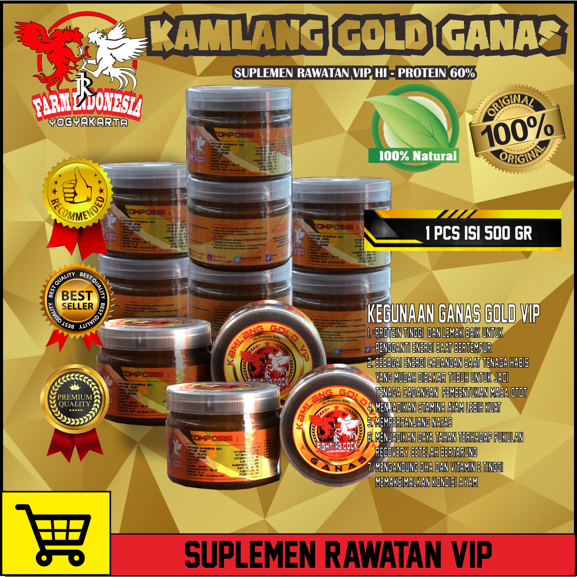 KAMLANG GOLD VIP GANAS ( suplemen rawatan ayam vip ) 500gr Harga 100,000 rupiah*Gratis Ongkir