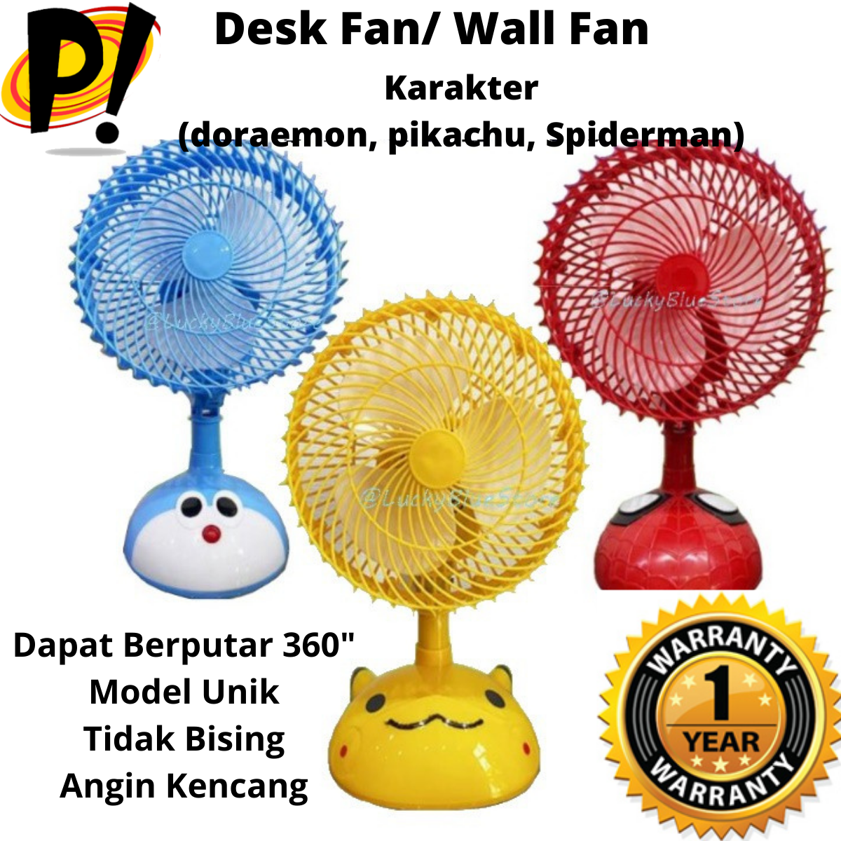 Arashi Kipas Angin Meja + Dinding Karakter Kartun Cartoon Deskfan 8 Inch Pikachu Spiderman Doraemon