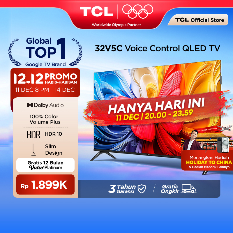 TCL Ultimate QLED FHD TV 32 inch V5C - HDR 10 - Dolby Audio - Google Play/Netflix/Youtube/Disney+Hotstar - Voice Control - Smart Android 24 LED Digital Promo Murah (Model: 32V5C) Harga 1,899,000 rupiah*Gratis Ongkir