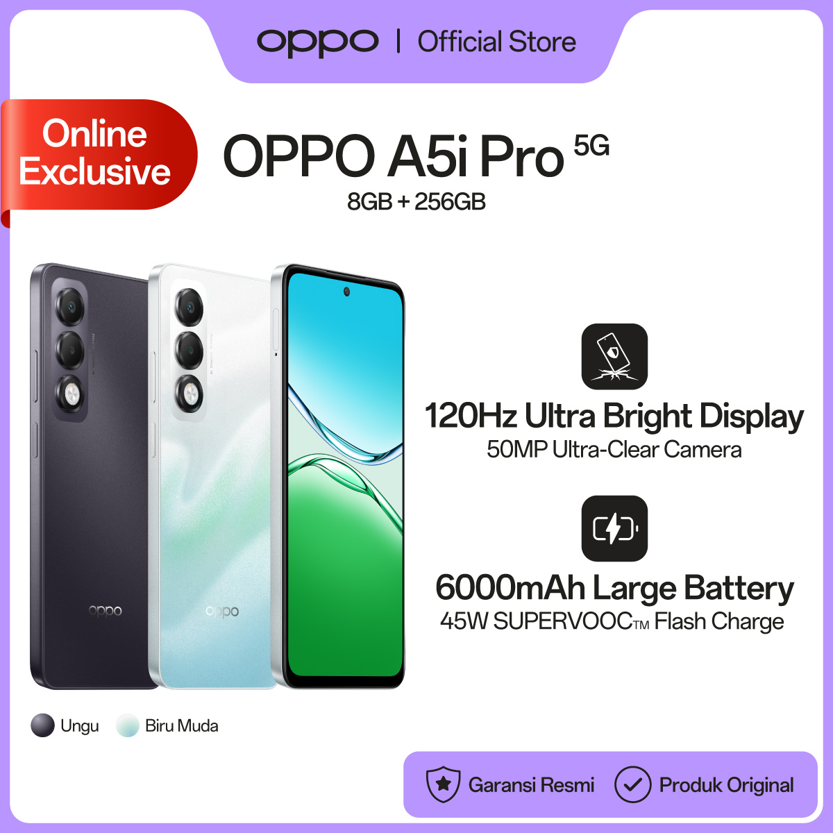 [New! Online Exclusive] Oppo A5I Pro 5g 8/256Gb [120Hz Ultra Bright Display, 6000Mah Large Battery, 45W Supervooc Flash Charge] Harga  2,969,000 Ringgit*Penghantaran Percuma
