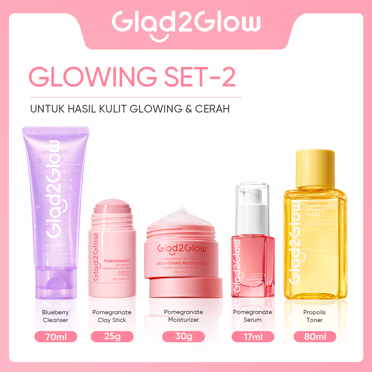 Glad2Glow Package 5Pcs Set with Cleanser + Clay Stick + Toner + Serum + Moisturizer Facial Serum Facia…