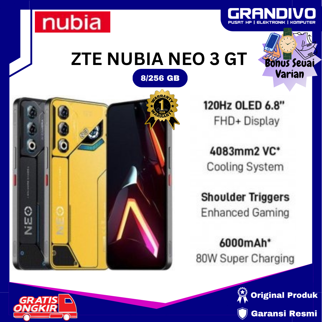Nubia gaming phone neo 3 GT 5G RAM 8GB + 12GB/256GB Battery 6000mAh official warranty-grandivo Harga 3,198,000 rupiah*Gratis Ongkir