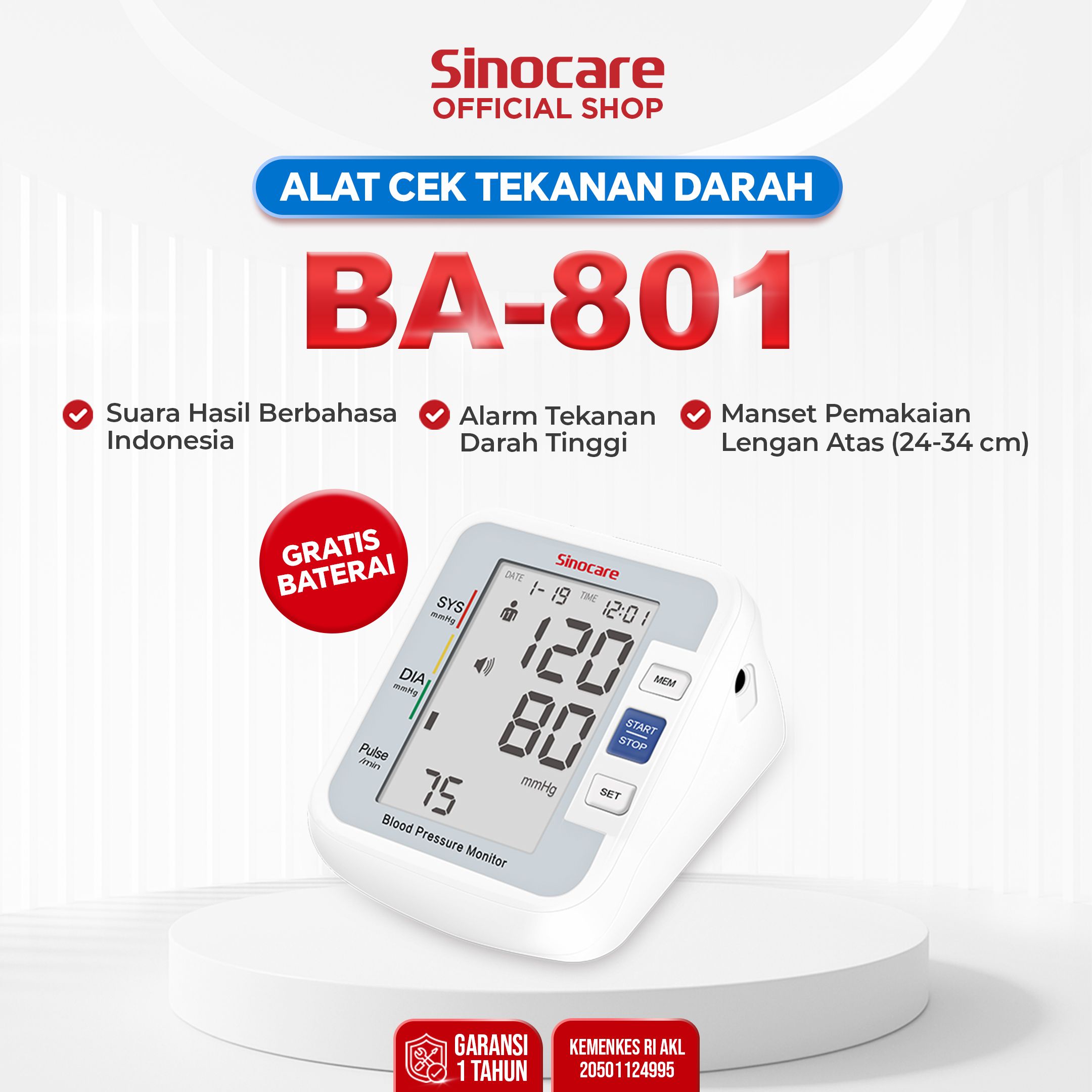 Sinocare Blood Pressure Check Device Ba-801 Automatic Digital Blood Pressure Audio Indonesia User 2 Memory 90 - Merek Sinocare Harga 215,000 rupiah*Gratis Ongkir