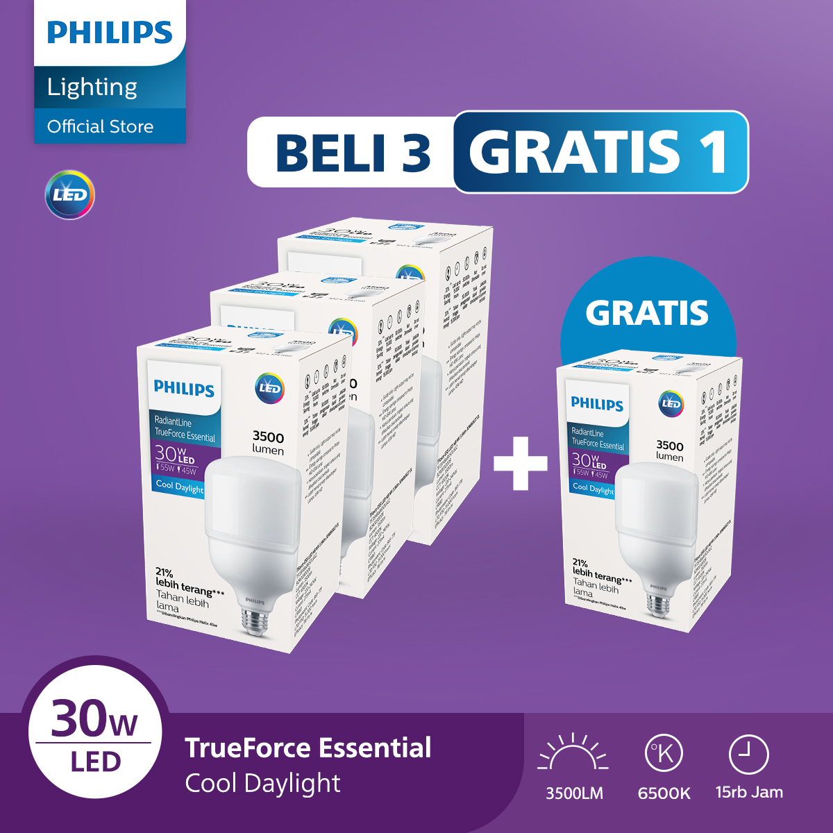 Philips Lampu LED Paket Lampu Lebih Cuan Beli 3 Gratis 1 Radiantline Trueforce 30W 6500k Putih - Merek Philips Harga 163,350 rupiah*Gratis Ongkir