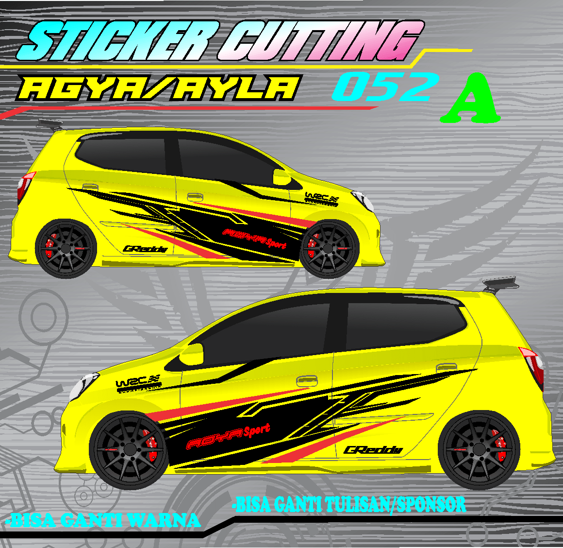 STRIPING VARIASI STICKER CUTTING MOTIF GRAFIS KEREN TERLARIS BODY SAMPING MOBIL AGYA AYLA -052 Harga  240,000 Ringgit*Penghantaran Percuma
