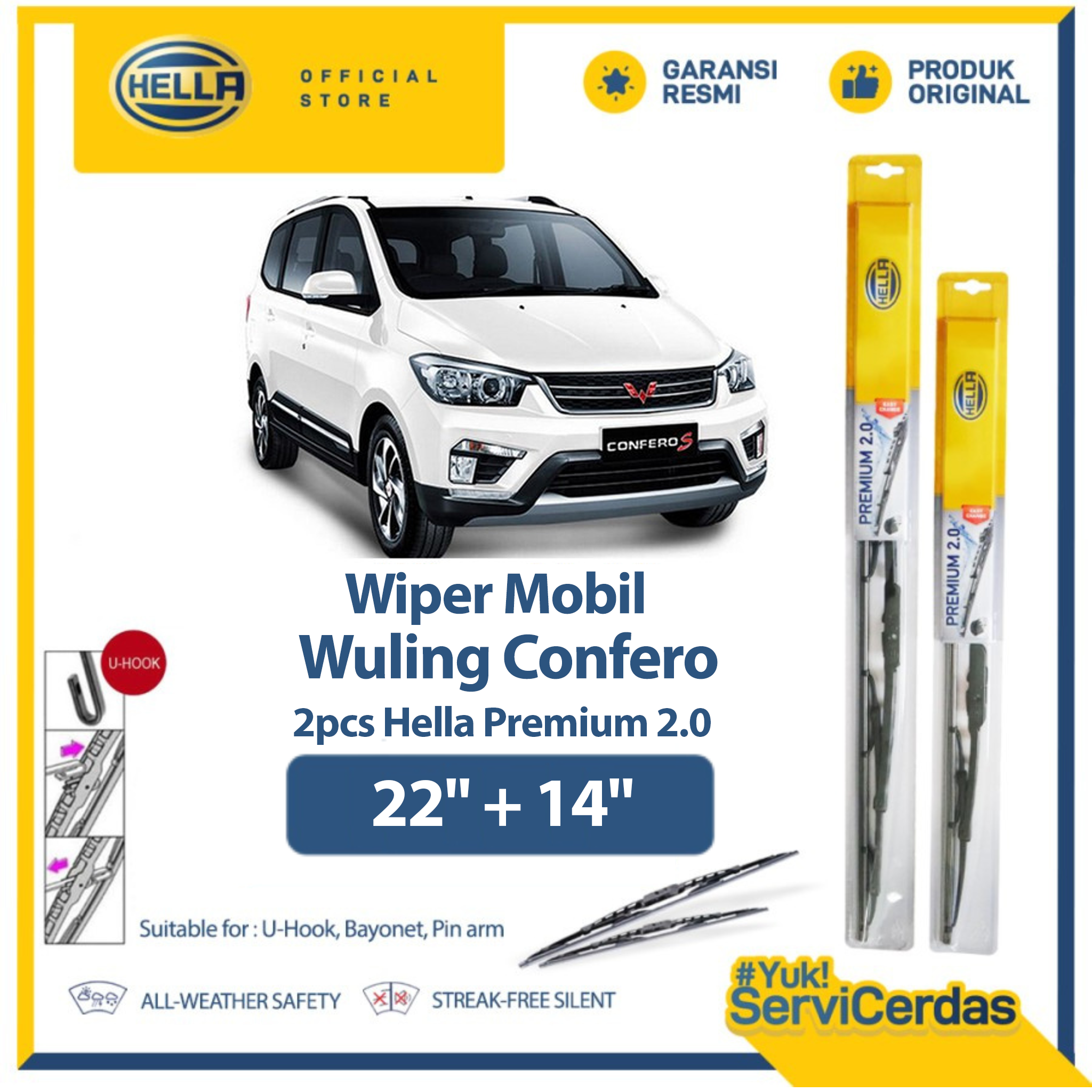Wiper Mobil Wuling Confero 22” + 14” (2pcs) - HELLA Premium 2.0 Harga 86,400 rupiah*Gratis Ongkir