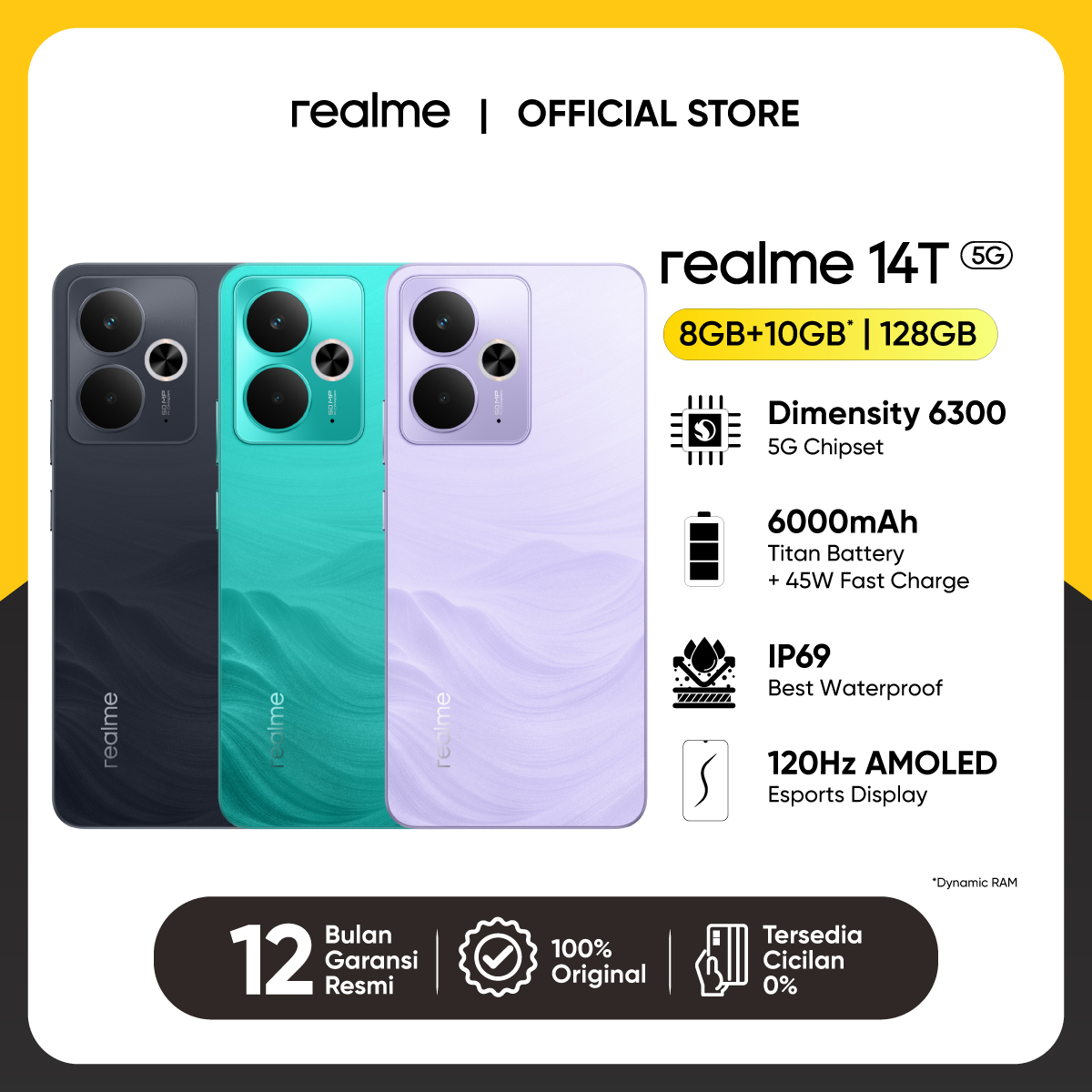 realme 14T 5G 8GB+10GB|128GB (Dimensity 6300 5G Chipset | 6000mAh Titan Battery | 45W Fast Charge | IP69 Best Waterproof) Giá 3,349,000 Đồng*Miễn phí vận chuyển