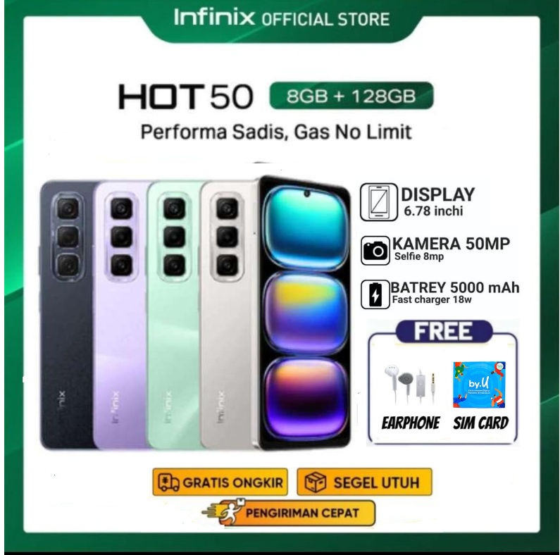 Infinix Hot 50 8/128Gb - up to 16Gb Extended Ram - Helio G100 - 6.78 Inch 120Hz Fhd+ - 50Mp - 5000 Mah - Nfc - Black Harga  1,570,000 Ringgit*Penghantaran Percuma