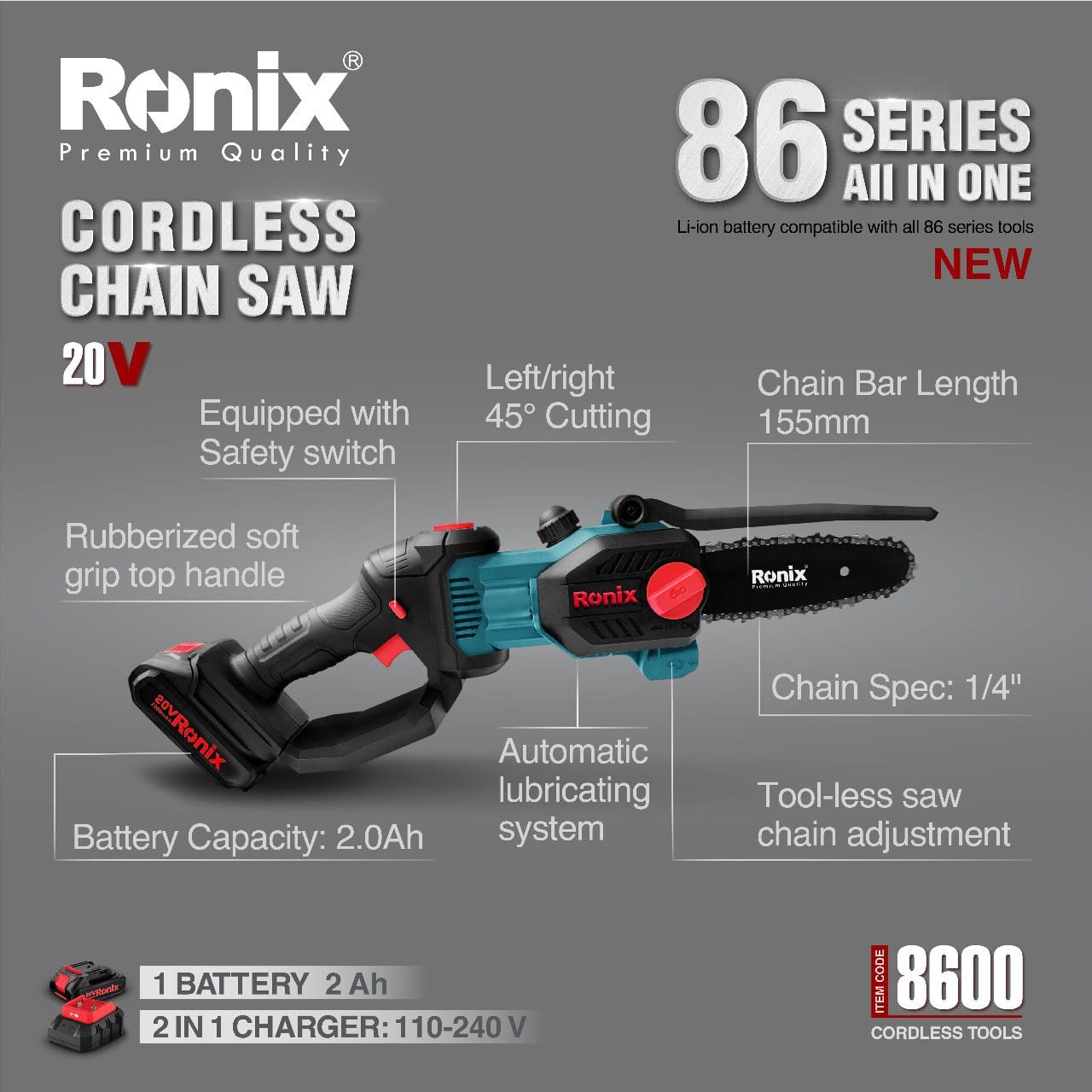 Ronix Model 8600 Cordless Chain Saw 150mm 20V lxt Pemotong Tali