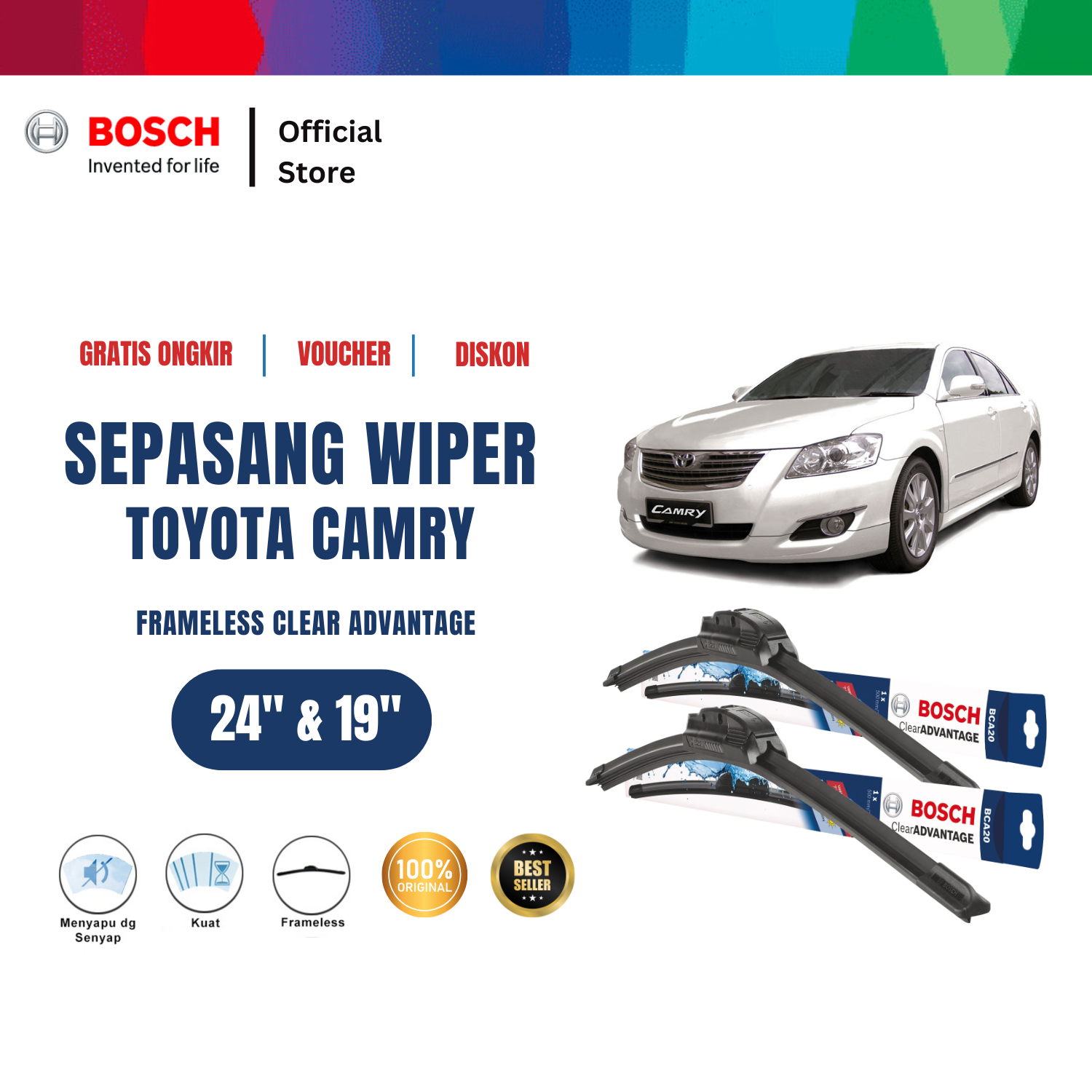 Bosch Sepasang Wiper Frameless New Clear Advantage Mobil Toyota Camry ACV40 2006 Size 24 dan 19 Inci Harga 217,175 rupiah*Gratis Ongkir