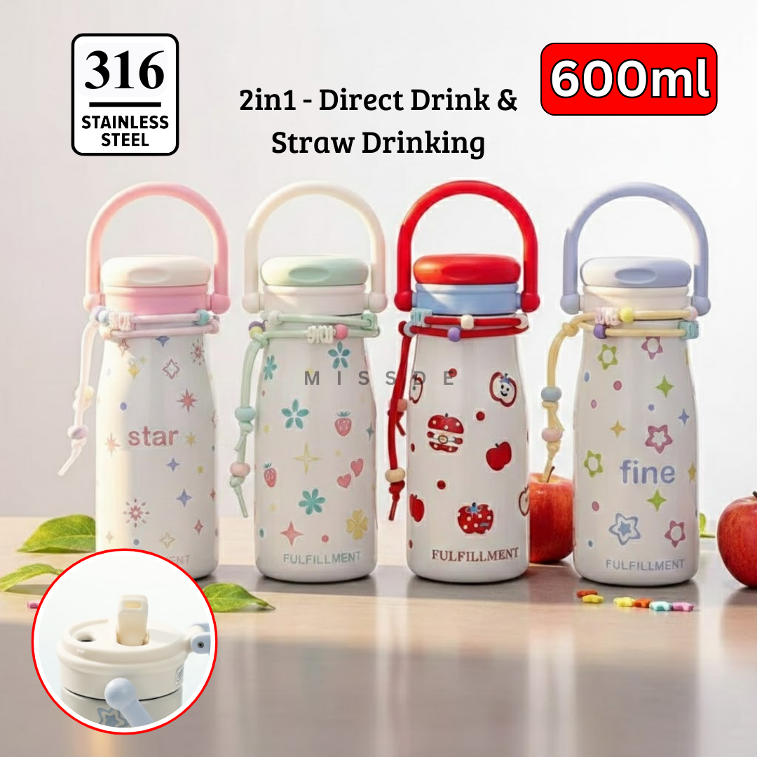 Water Bottle 2in1 Stainless Steel 600ml / Portable Insulated Tumbler / Aesthetic Milky Drinking Bottle