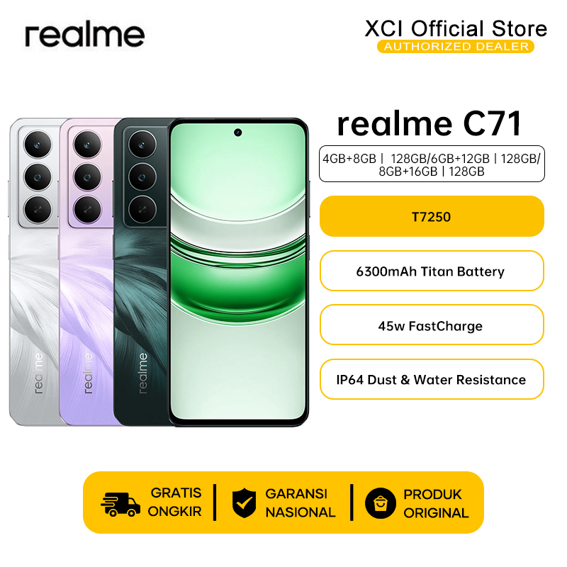 Hp Realme C71 4/128Gb 6300Mah 45W 120Hz Eye Comfort Display Official Guarantee 100% Original Harga 1,649,000 rupiah*Gratis Ongkir
