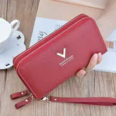 Dompet Panjang Wanita Double Layer V Sweet Dream Merah / Dompet Tangan Fashion Wanita / Long Wallet Korean Style Large Capacity Clutch Double Layer Double Zipper Mobile Phone Bag / Dompet Hp Kartu Retsleting Ganda
