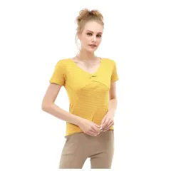 Hamlin Genevie Blouse Kasual Wanita Lengan Pendek Model Salur Variasi Kerut Tengah Material Cotton ORIGINAL - Yellow
