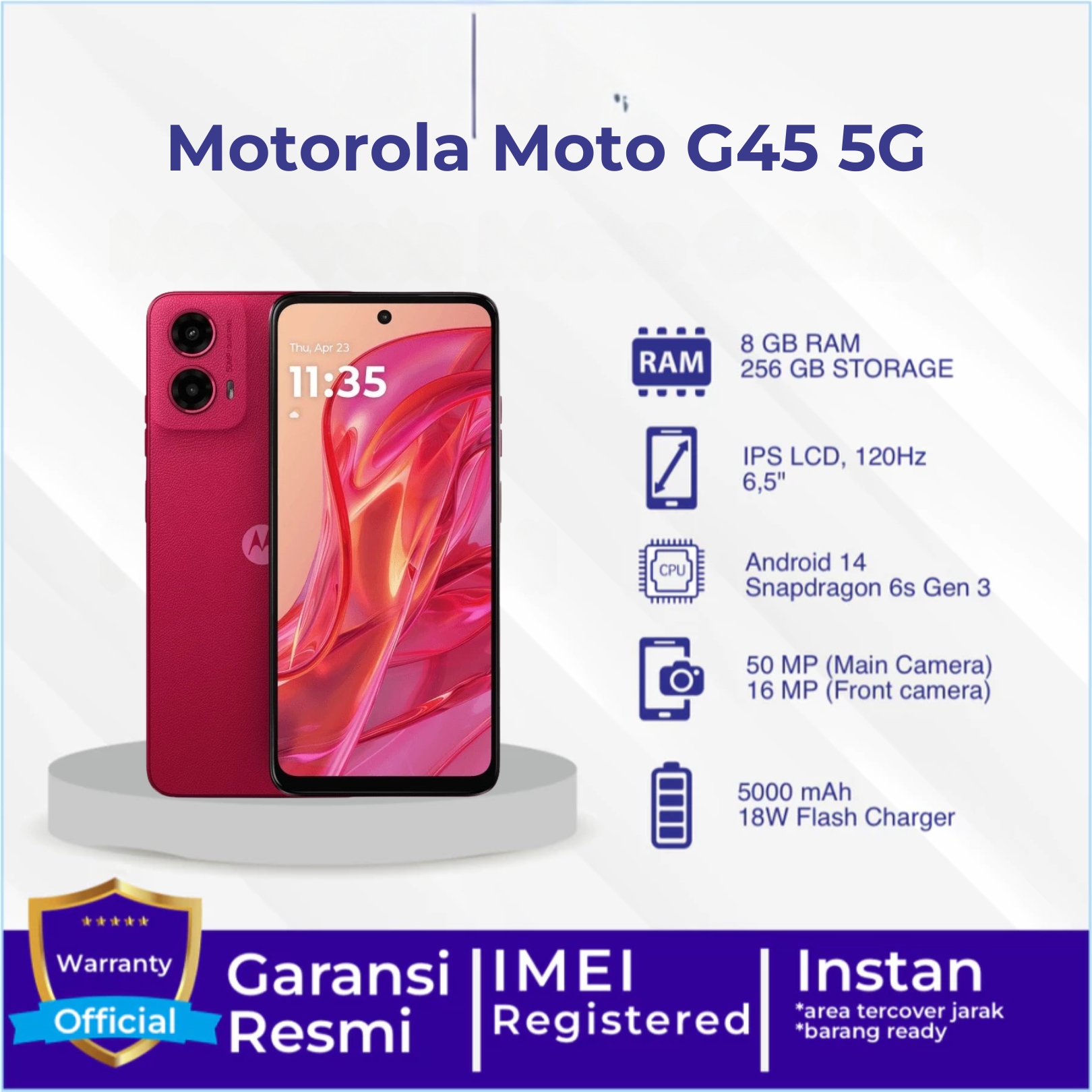 Motorola Moto G45 5G 8/256 GB garansi resmi - Up to 16GB Extended RAM - Snapdragon 6s Gen 3 - 6.5 inch Screen Size - Gorilla Glass 3 Red Color Harga 2,999,900 rupiah*Gratis Ongkir