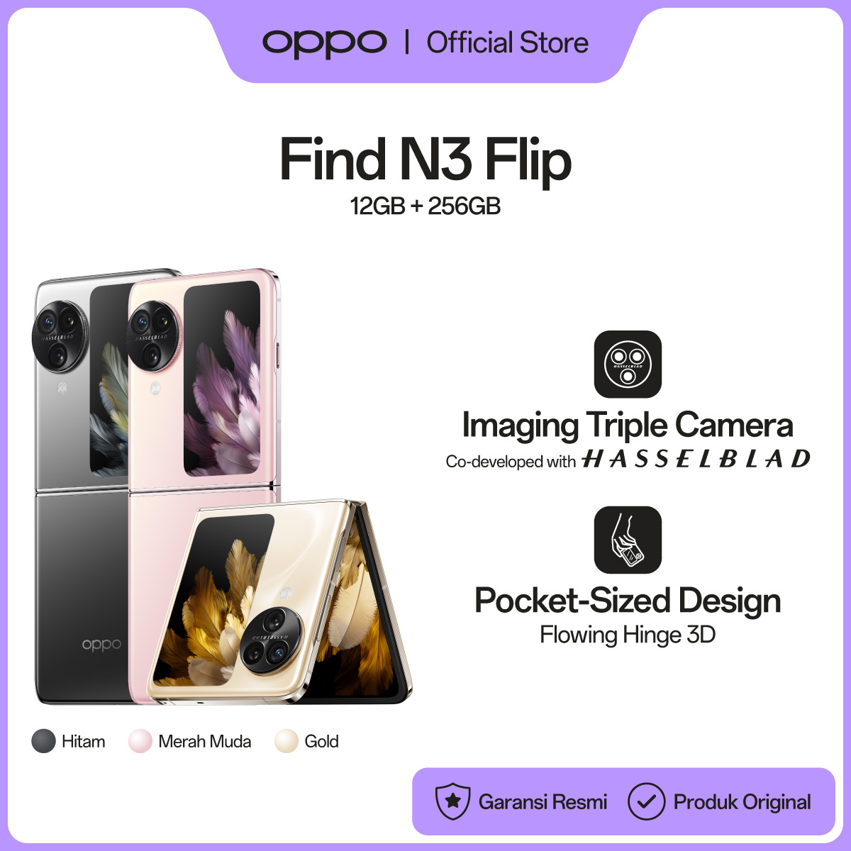 OPPO Find N3 Flip 12GB/256GB [Pocket Portable Handphone, Hasselblad Camera, 4300mAh 44W SUPERVOOC, Mediatek Dimensity 9200] Harga 14,499,000 rupiah*Gratis Ongkir