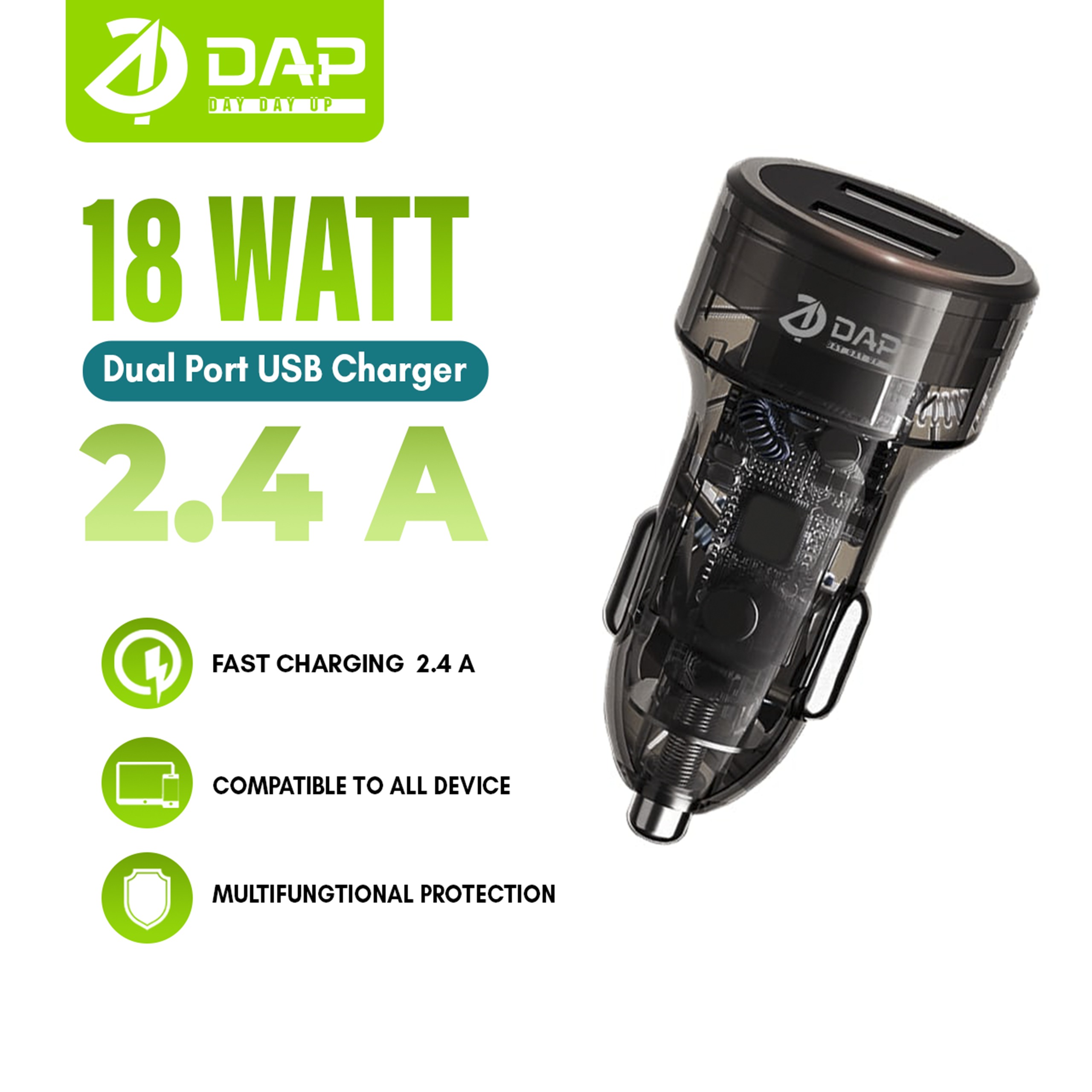 DAP D-CC4 Car Charger PD 18 watt 2.4A Dual Port USB Fast Charging - Garansi 1 Tahun Harga 15,840 rupiah*Gratis Ongkir
