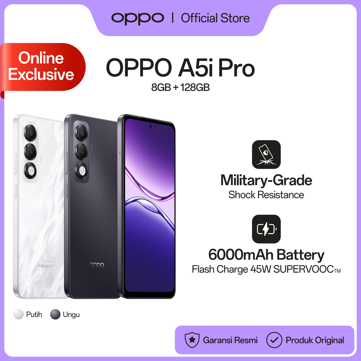 [ONLINE EXCLUSIVE EDITION] OPPO A5i Pro 8/128GB [Military-Grade Shock Resistance, 6000mAh Battery, 45W SUPERVOOC] Harga 2,121,000 rupiah*Gratis Ongkir