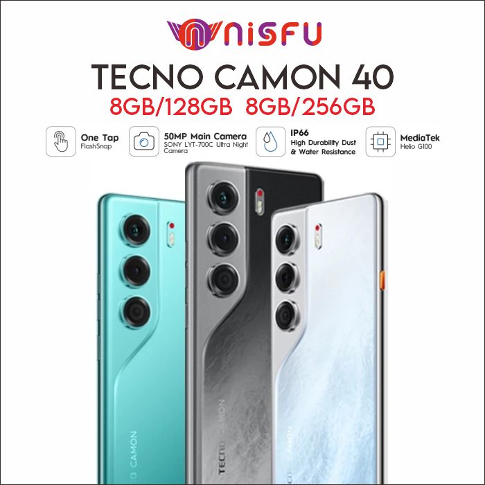 TECNO CAMON 40 8+8GB*256 GB, 50MP Sony + 8MP Ultra Wide Camera, 32MP Front Camera, 120hz AMOLED, IP66 Harga  2,695,000 Ringgit*Penghantaran Percuma