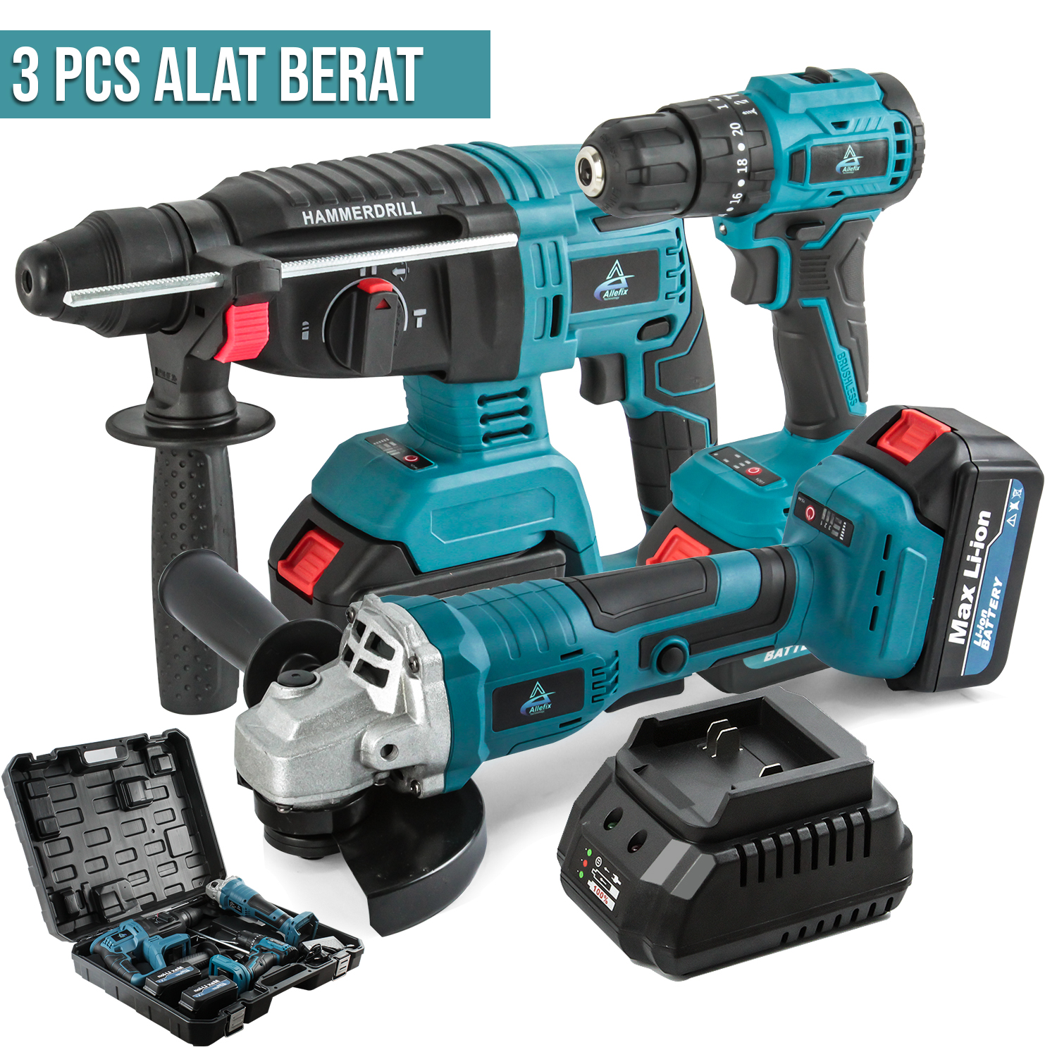 Mesin Bor Tembok Bor Beton Set Gerinda Baterai Cordless Drill Angle Grinder Paket 3 IN 1 - 6573 - Merek ALLEFIX Harga 1,798,000 rupiah*Gratis Ongkir