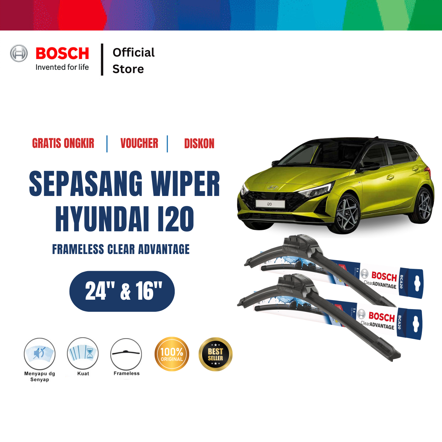 Bosch Sepasang Wiper Mobil Hyundai i20 Frameless Clear Advantage 24 dan 16 Inci Harga 197,115 rupiah*Gratis Ongkir