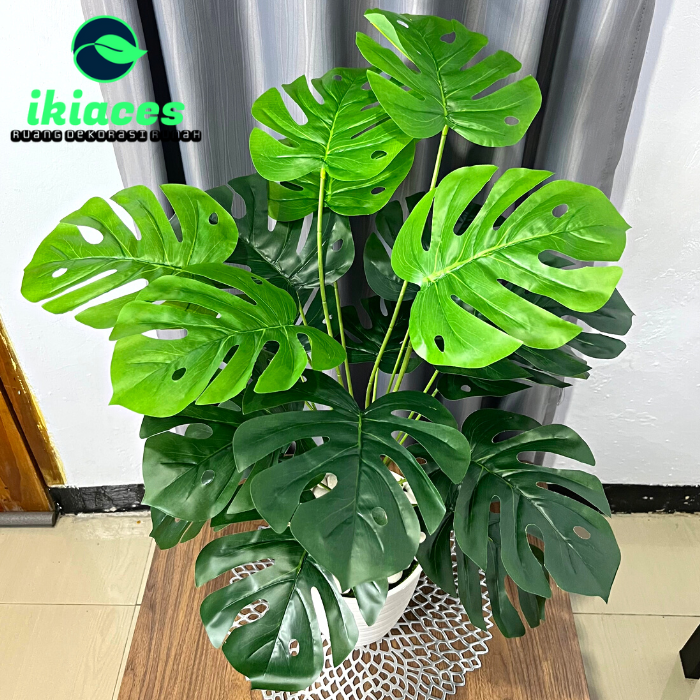 Daun Monstera Jumbo 18 Cabang Daun Monstera artifisial POT Bunga Hias Murah Bunga Plastik Daun Palsu D…