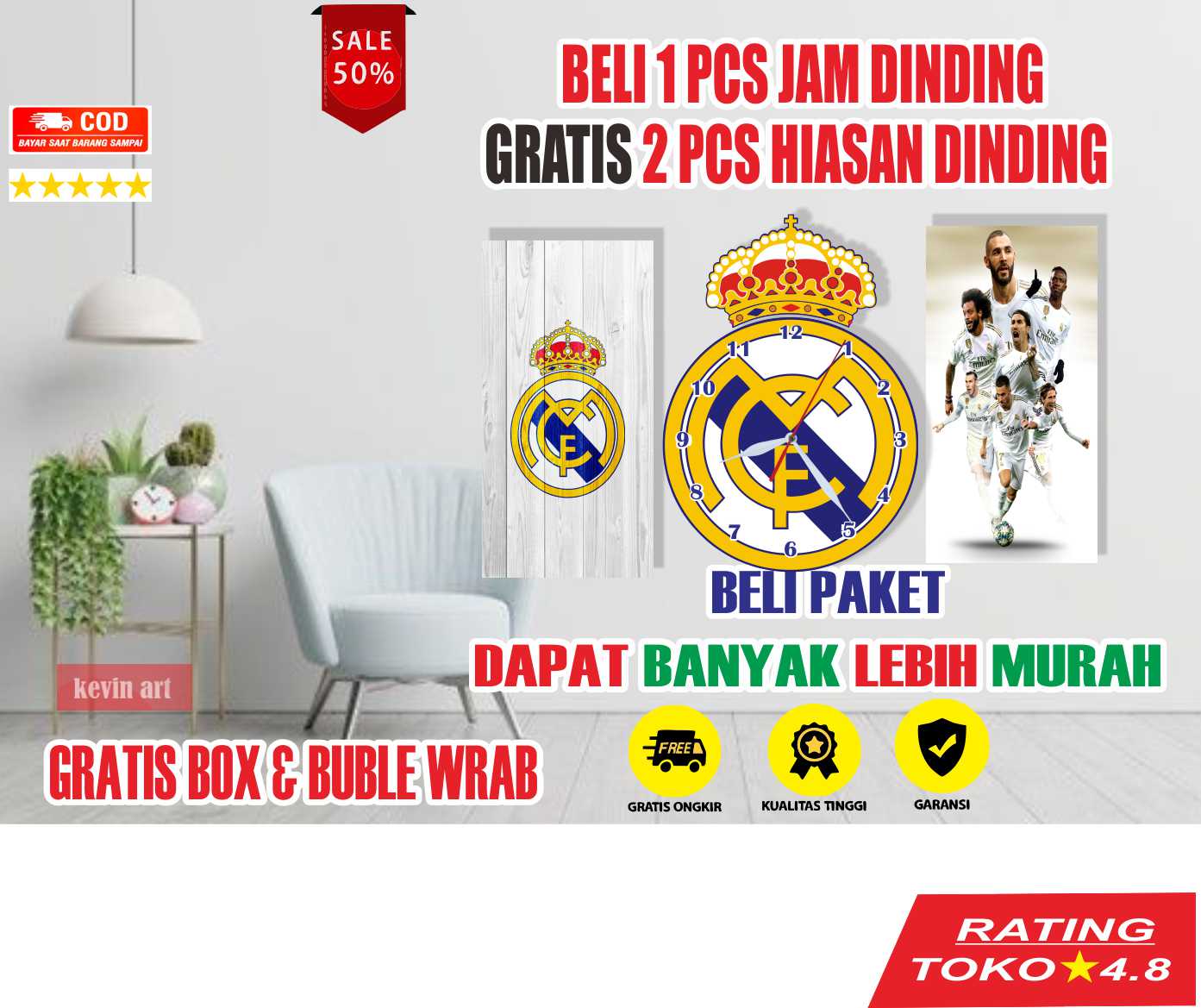 JAM Dinding Besar Unik Kayu Logo Real Madrid Gratis Hiasan Dinding Kamar Tidur Dekorasi Dinding Klub I…