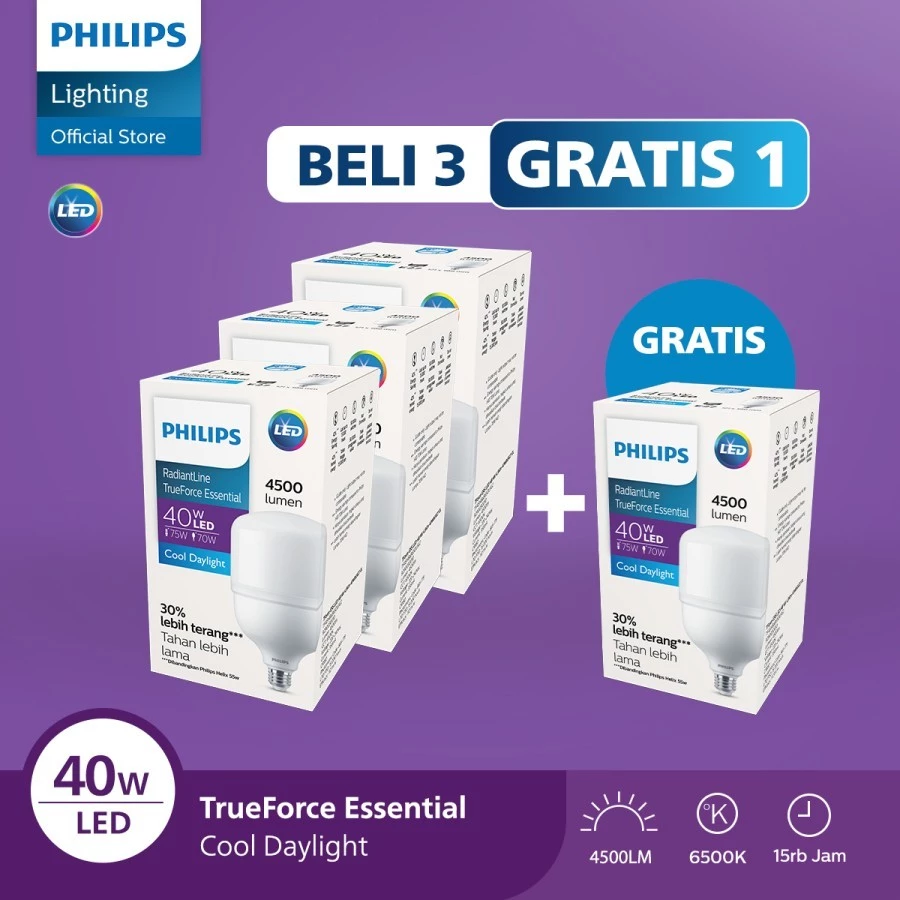 Philips Paket Paket Lampu Lebih Cuan Beli 3 Gratis 1 Radiantline Trueforce 40W 6500k Putih Harga 226,100 rupiah*Gratis Ongkir