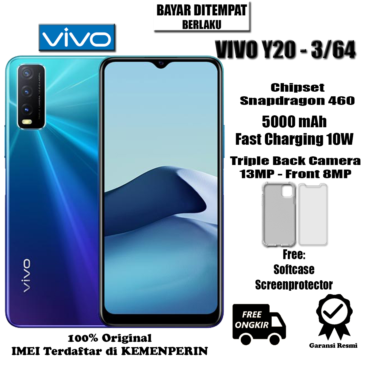 Vivo Y20 2020 Ram 3 GB/64 GB Garansi Resmi dan Original