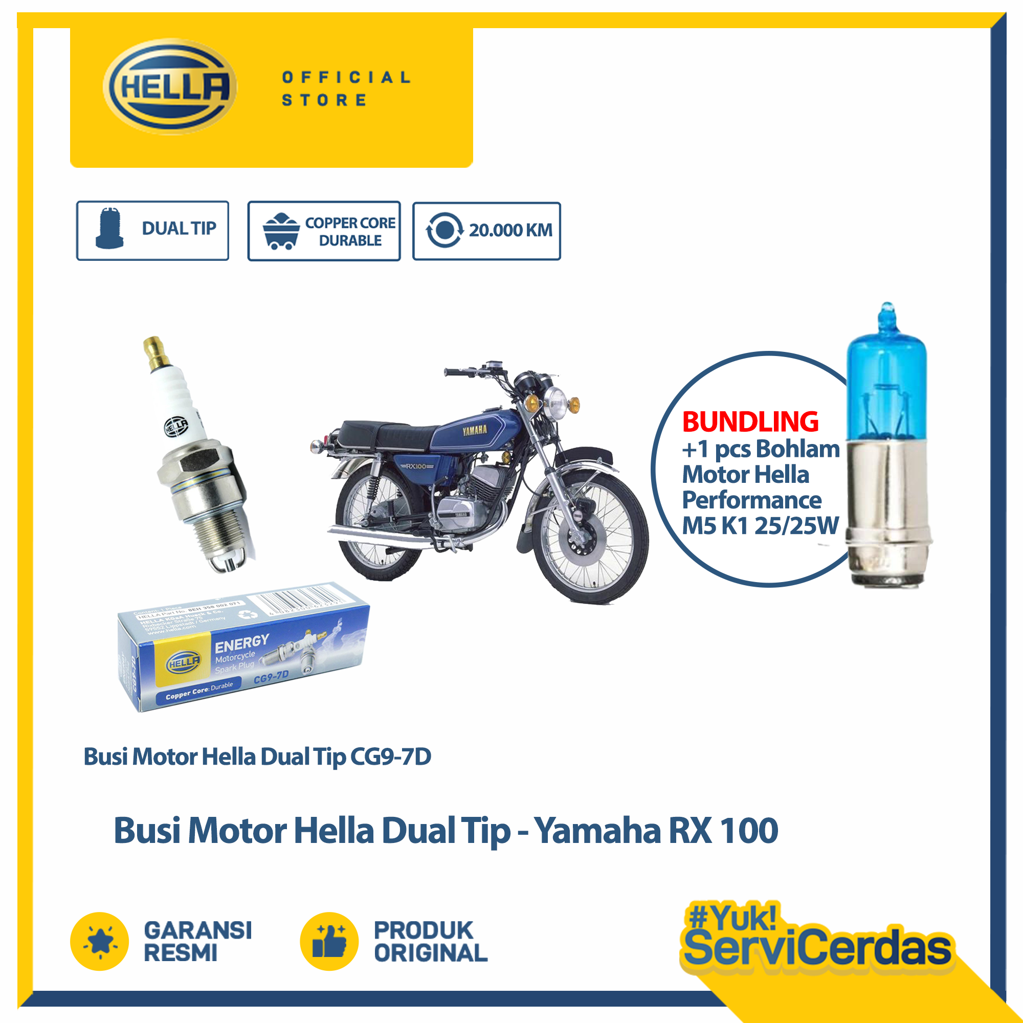 Busi Motor Yamaha RX100 Hella Dual Tip CG9-7D Bundling Bohlam Motor M5 12V 25/25W 4500K-1 - Lampu Motor - Jenama Hella Harga 50,200 Ringgit*Penghantaran Percuma