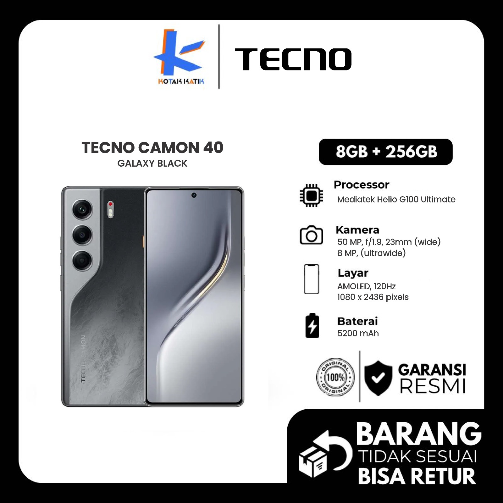 Tecno Camon 40 8/256 GB official warranty in Indonesia Harga  2,700,000 Ringgit*Penghantaran Percuma