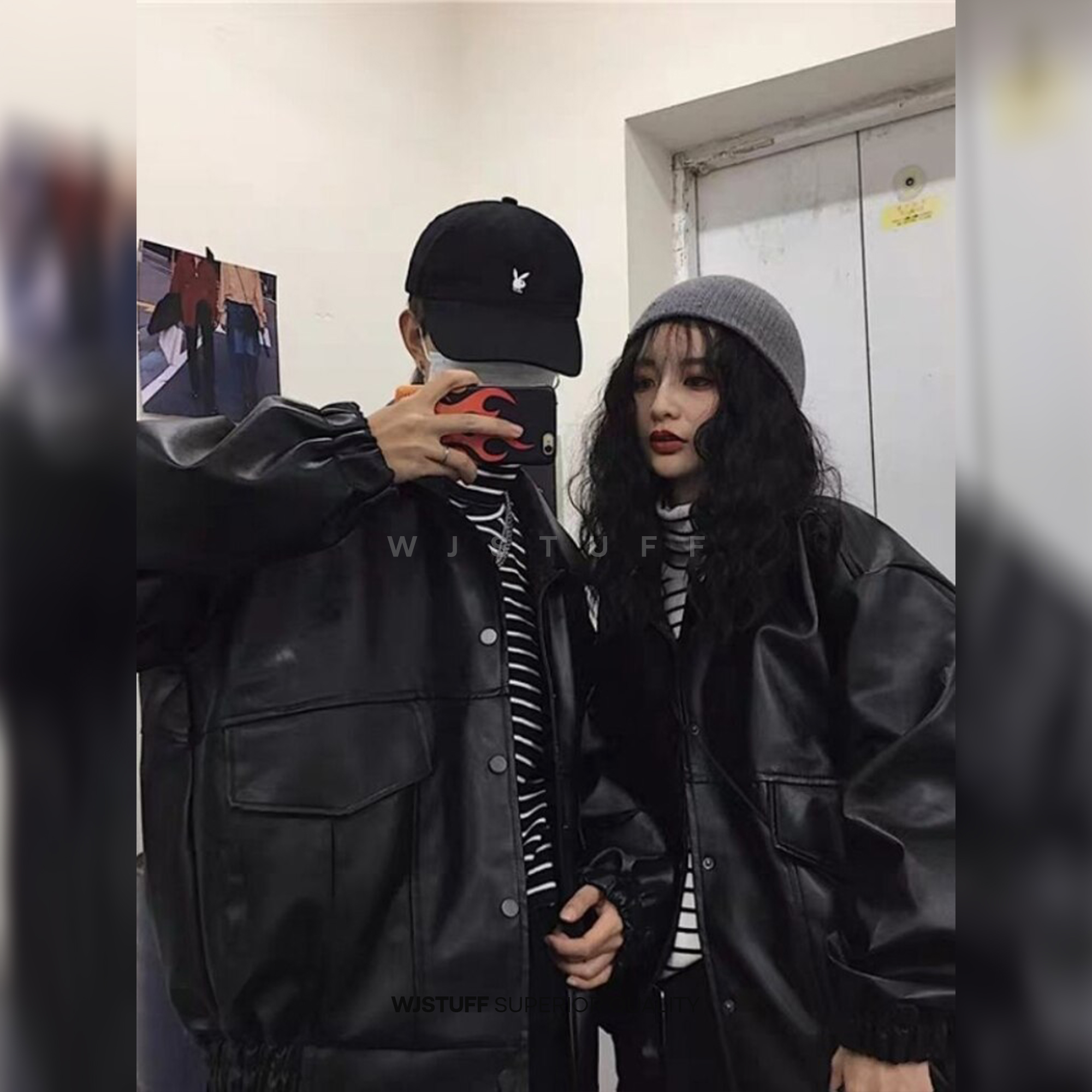 WJ Stuff Jaket Couple Kulit Sintetis Flight Oversize Lazada