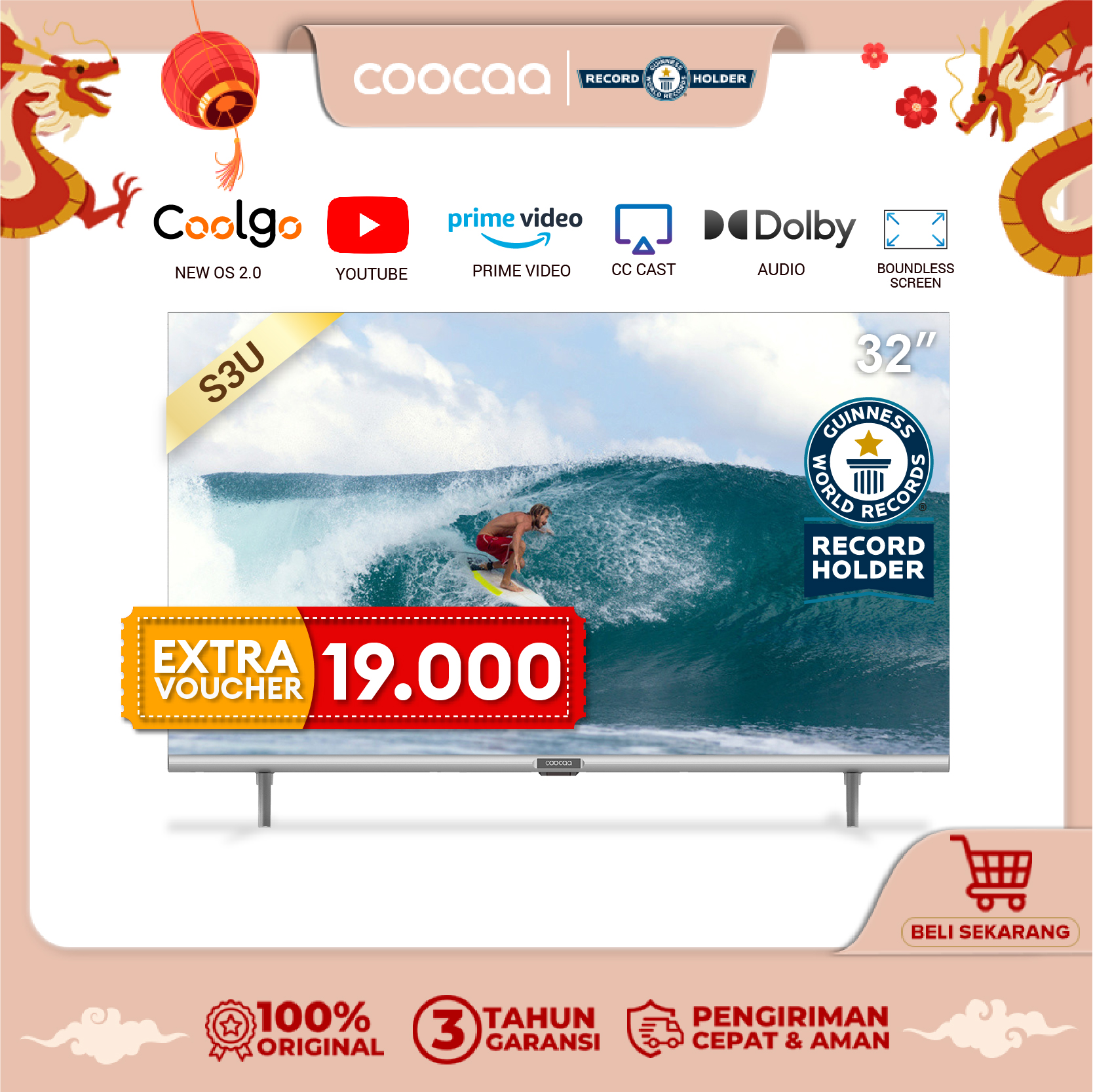 	 COOCAA Smart TV 32 inch - Digital TV - OS COOLITA - HD - Bezel Less - Mirroring - Dolby Audio - Browser/Youtube - USB/HDMI/LAN/WIFI (COOCAA 32S3U)	