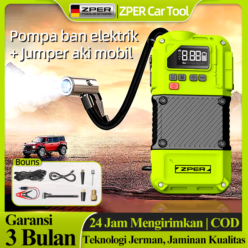 Zper 2-in-1 Jump Starter Electric Car Tire Air Pump Mini Car Air Infatable Pump Portable Harga 169,000 rupiah*Gratis Ongkir
