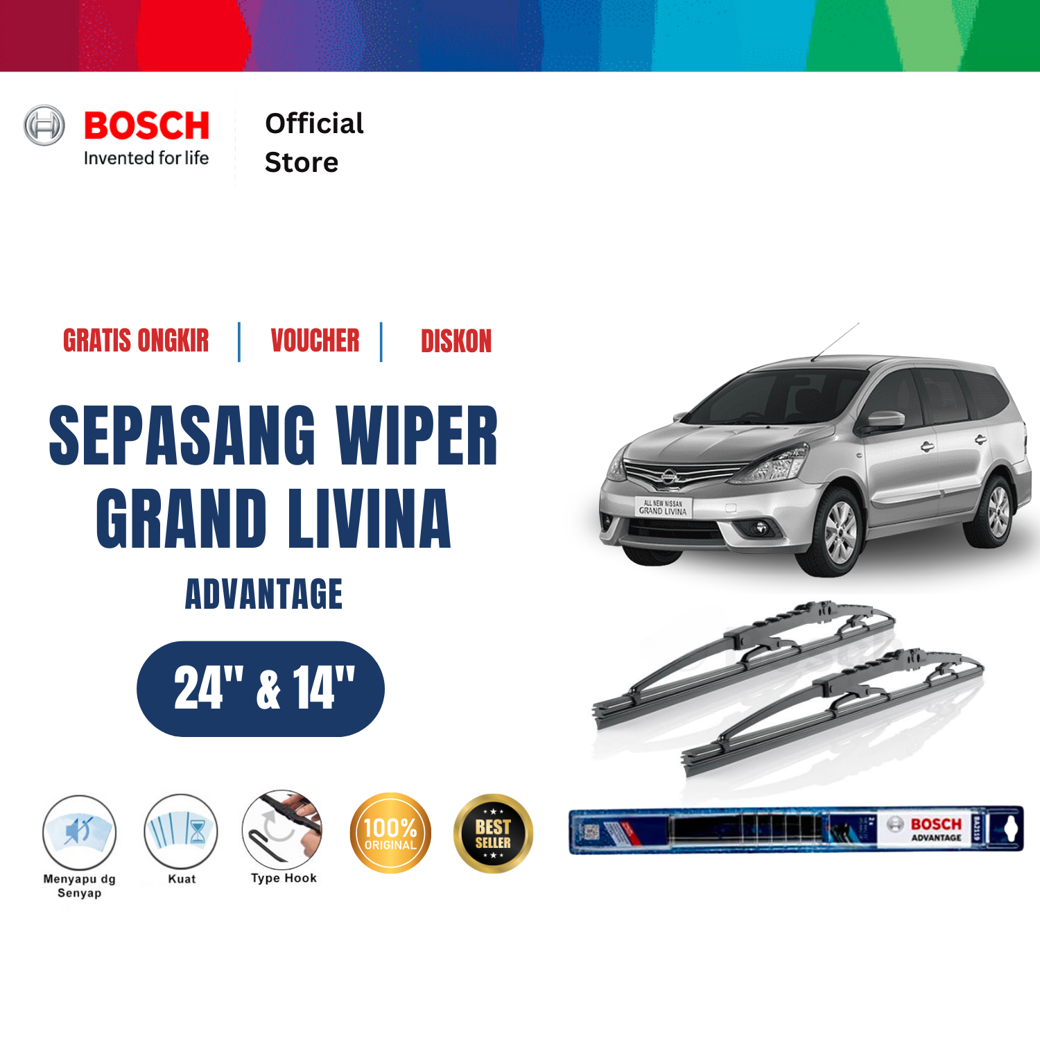 Bosch Sepasang Wiper Kaca Mobil Nissan Grand Livina L10 Advantage 24 dan 14 inchi Harga 134,130 rupiah*Gratis Ongkir
