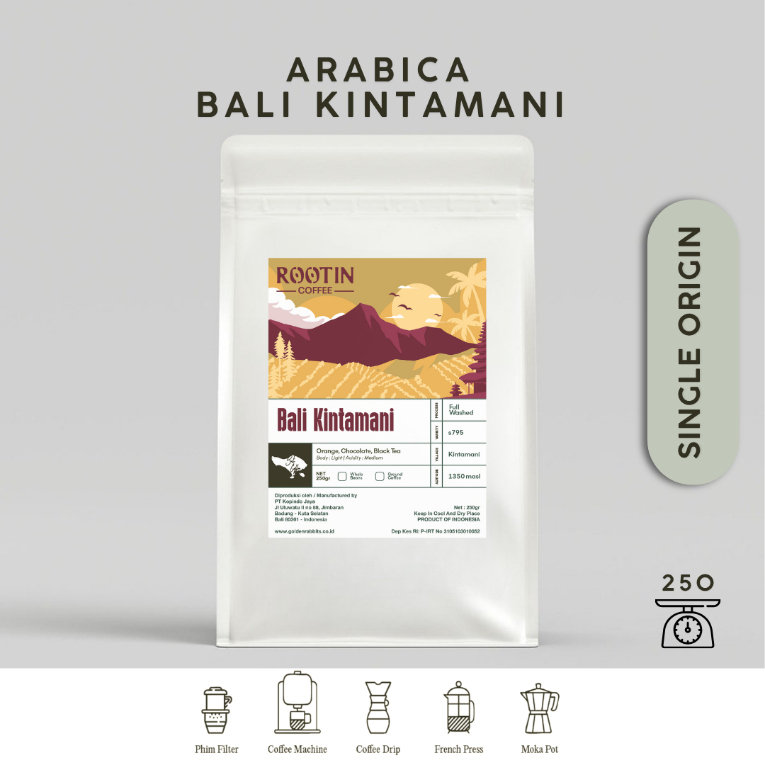 Rootin Coffee Bali Kintamani Single Origin Arabika Roasted Beans Biji dan Bubuk Kopi / 250gr