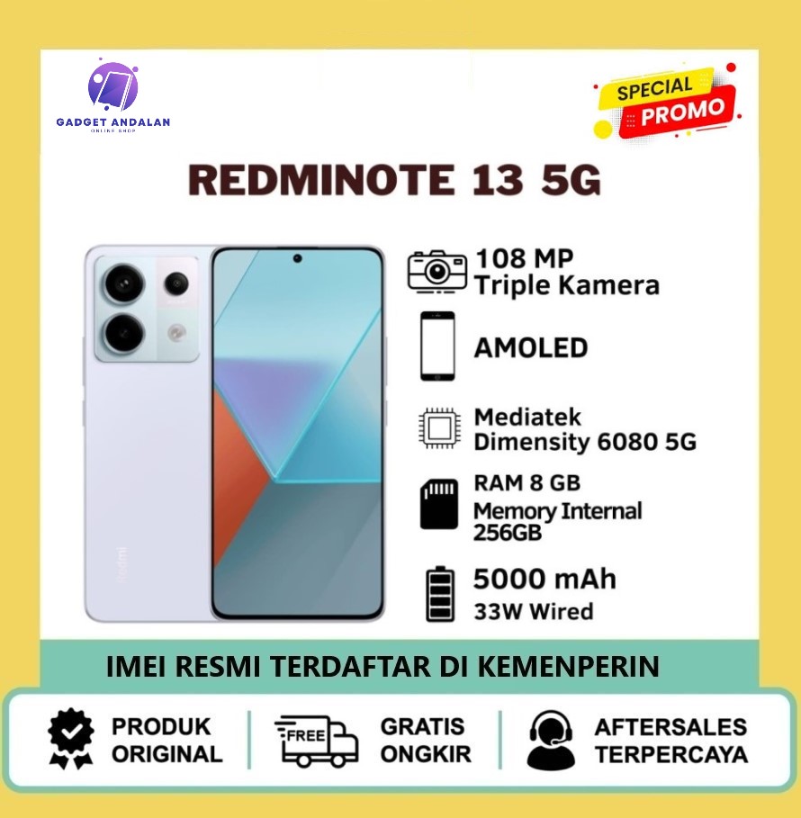 Xiaomi Redmi Note 13 5G 8+256GB | Dimensity 6080 - Tiga kamera 108 MP AMOLED 120 Hz FHD+ Harga  2,350,000 rupiah*Gratis Ongkir