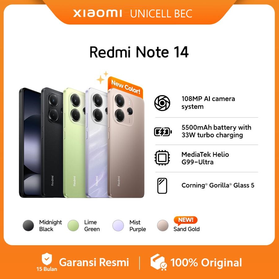 Xiaomi Redmi Note 14 RAM 8/256GB 108mp AI camera MediaTek Helio G99 Ultra battery 5500mAh 33W turbo charging | Harga 2,599,000 rupiah*Gratis Ongkir
