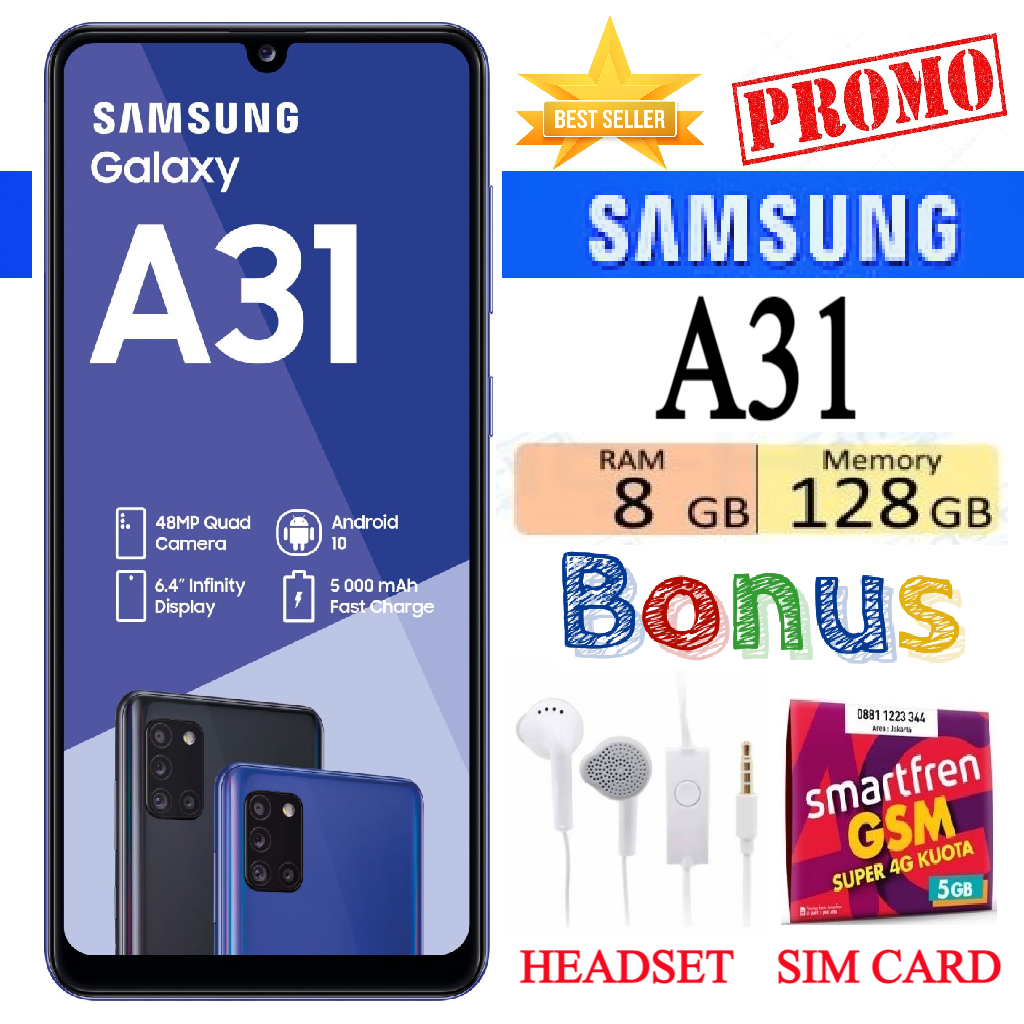 Samsung Galaxy A31 / a31 RAM 6/128 GB FULLSET Bergaransi - FREE SIM CARD - PROMO Harga 1,755,000 rupiah*Gratis Ongkir