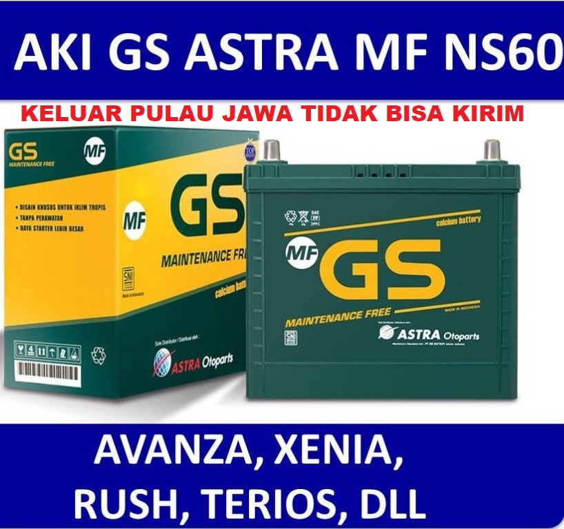 AKI MOBIL AKI KERING MOBIL ASLI AKI GS ASTRA TYPE NS60 MF ORIGINAL untuk mobil Toyota Avanza Grand New Avanza Avanza Veloz Grand New Veloz Rush Daihatsu Xenia Grand New Xenia Terios Gran Max Suzuki APV Suzuki Swift Mitsubishi Mirage Harga 1,035,000 rupiah*Gratis Ongkir