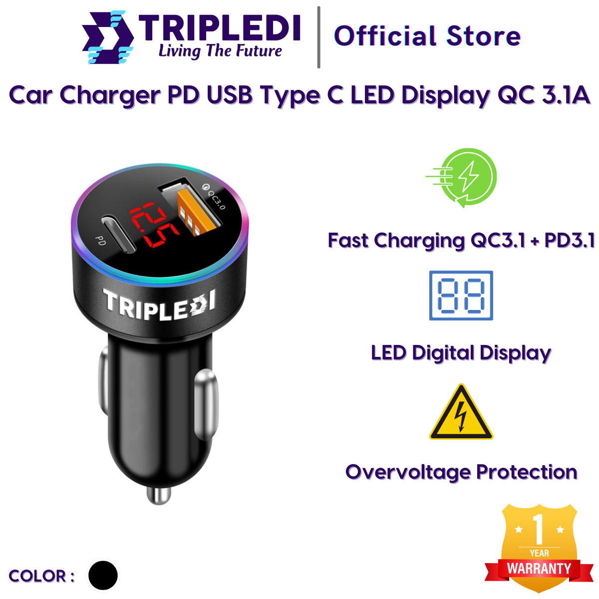 TRIPLEDI Car Charger HP QC 3.0 3.1A 2 Port USB Type C iPhone PD Fast Charging Mobil Samsung 38W Max LED Digital Display Pengisi Daya Mobil iPad Handphone Cas Adapter Ponsel IOS Casan Tablet Android Harga 91,000 rupiah*Gratis Ongkir
