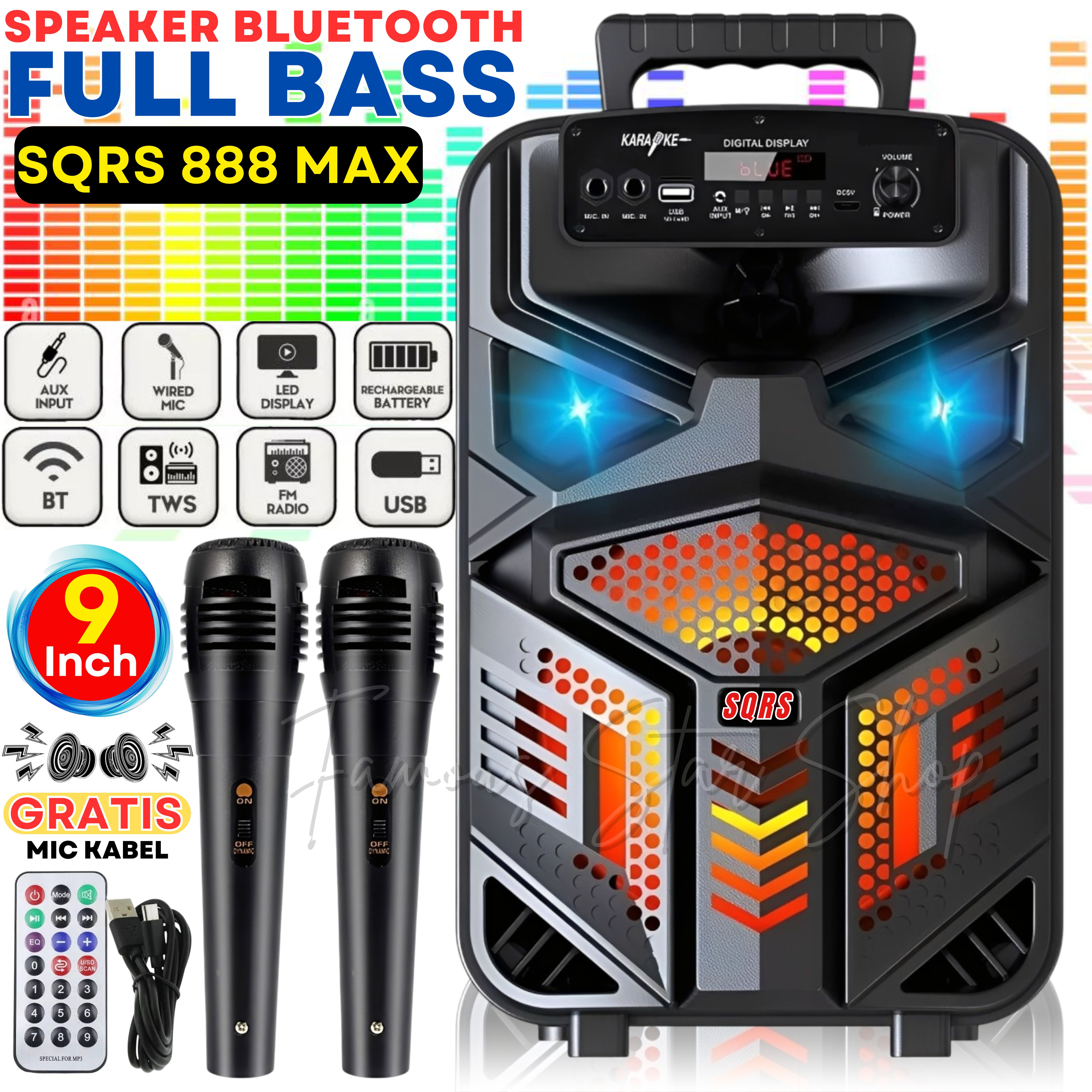 Speaker Bluetooth Karaoke Speaker Full Bass 9Inch Dual Mic Karaoke Speaker TV, HP, Laptop, Komputer SPEAKER SQRS 888 MAX Ukuran Besar 9 Inch Bisa Karaoke 2 Jack 6.5mm/ TWS/ Bluetooth/USB/TF Card/AUX/Radio FM | Speaker Aktif Super Bass | Salon Aktif ~FSS Harga 191,000 rupiah*Gratis Ongkir