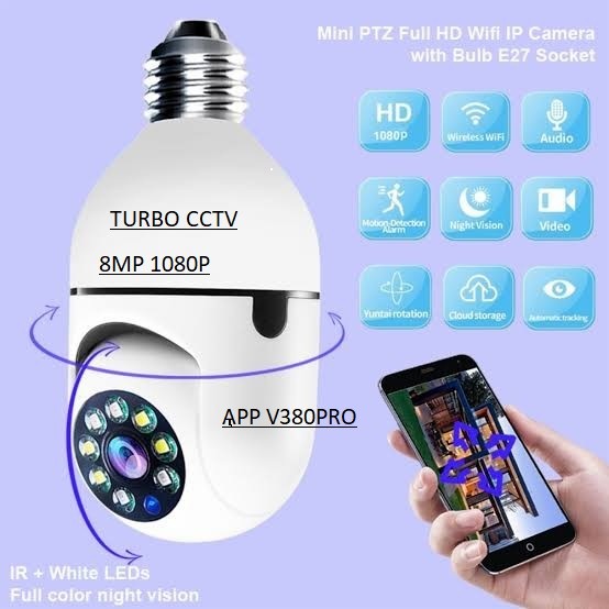 	 Cctv Ip Camera Bohlam Wireless 8Mp V380Pro Ptz Night Vision Full Hd 	