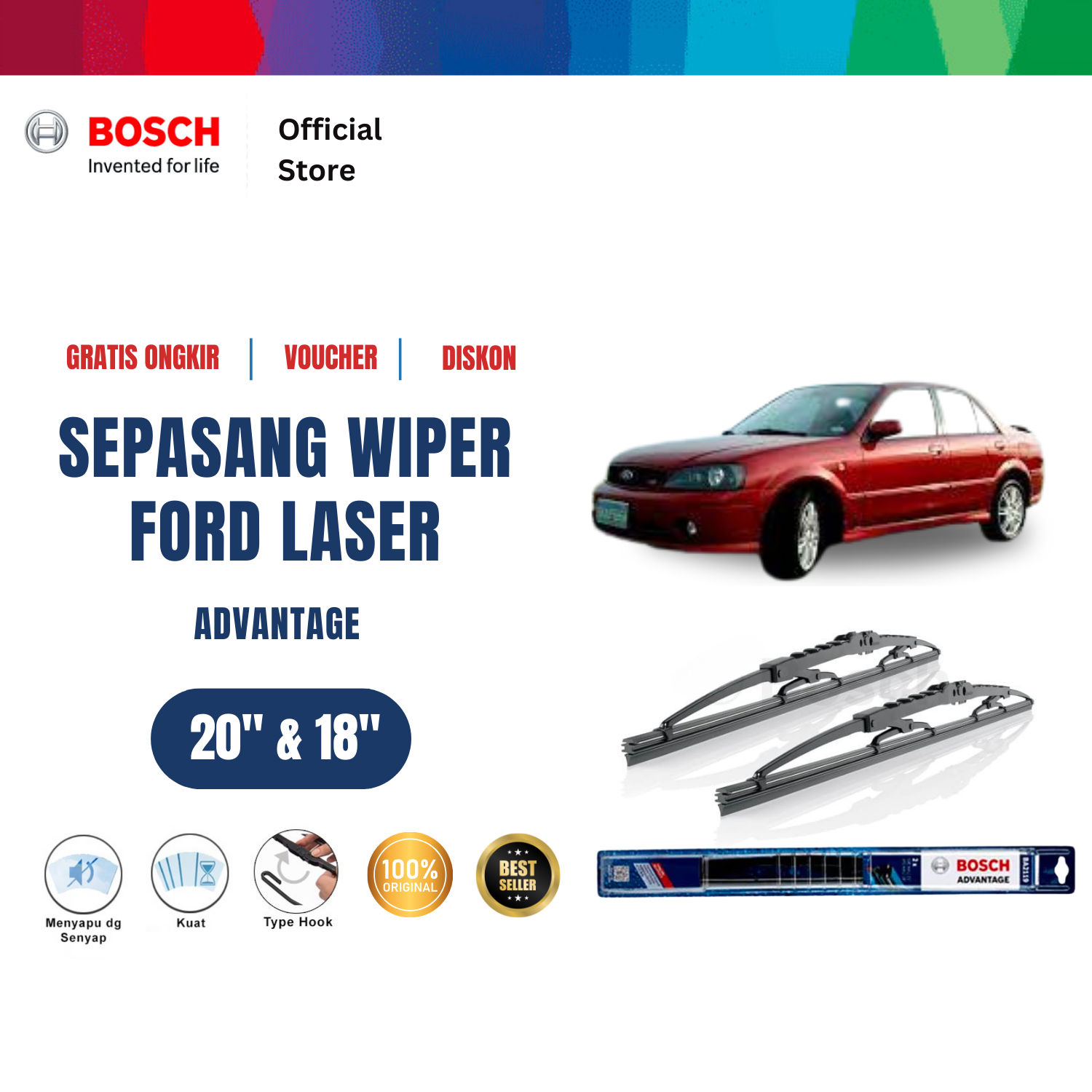 Bosch Sepasang Wiper Kaca Mobil Ford Laser Advantage 20 dan 18 inchi Harga 121,380 rupiah*Gratis Ongkir