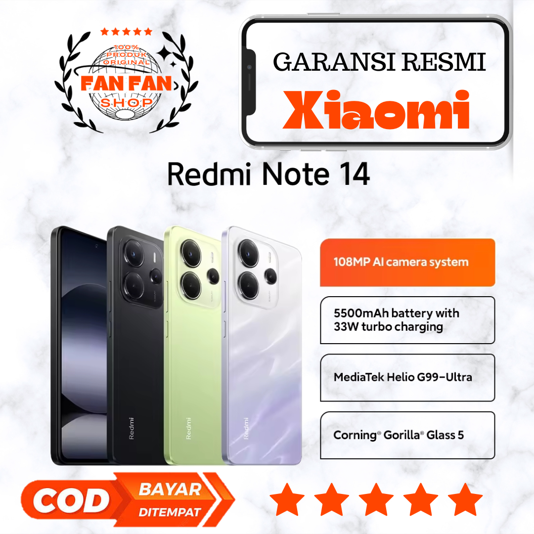 Xiaomi Redmi Note 14 | 108 MP AI camera system | 5500mAh 33W turbo charging | MediaTek Helio G99 ultra | Corning Gorilla Glass 5 new official warranty Harga  2,305,710 Ringgit*Penghantaran Percuma
